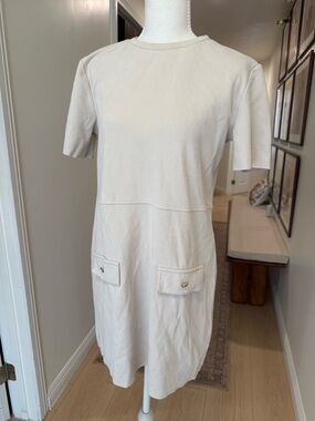Zara Cream Short Sleeve Mini Dress with Front Flap Pockets